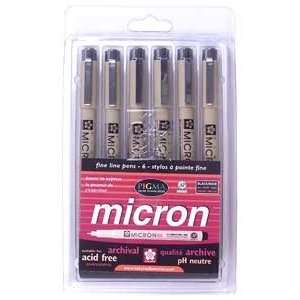  Sakura Pigma Micron Pen Set, 6 Pack, Black Ink Arts 