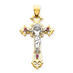 14kt Two tone 3in Polished with Red CZs Crucifix Pendant/14kt two tone 