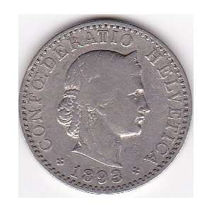  1893 Switzerland 20 Rappen Coin 
