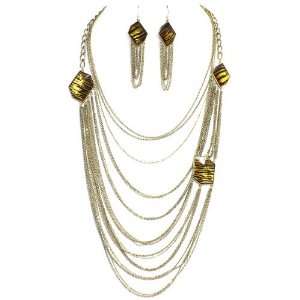 Long Layered Necklace Set; 34L; Burnished Gold Metal; Zebra Print 