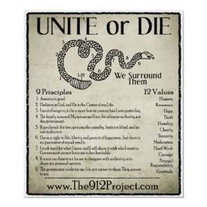  Unite or Die poster with 9 principles 12 values