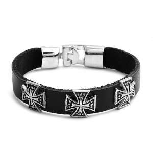  Genuine Leather Bracelet with 3 Iron Cross Design   Length 