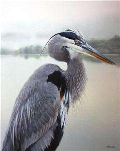ART Original Oil Painting Print Blue Heron Bird Signed  