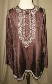   San Francisco Brown Silk Embroidered in India Tunic Top Sz S/40  