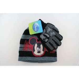  Mickey Mouse Striped Beanie and Glove Set (Grey/Black 