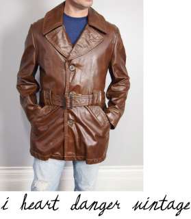   LEATHER belted SPY JACKET trench coat fight club 40 S M brown  
