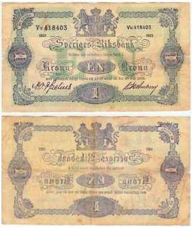 SWEDEN 1 KRONA P 32h F GRADE NOTE 1921 (1873) RARE   