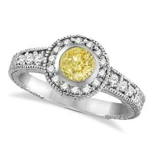  Yellow Canary and White Diamond Antique Style Ring 14K W 