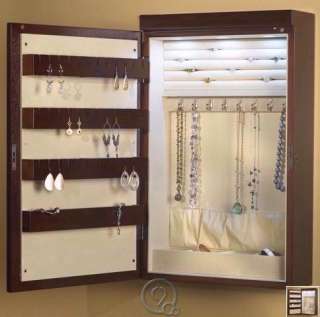 Cherry 24 Inch Wall Mounted Lighted Jewelry Armoire Chest w/ Lining 