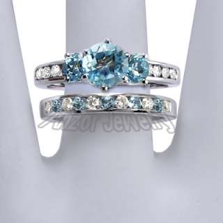 14k White Gold Blue Topaz Diamond Engagement Ring Set  