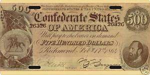 Confederate Civil War Money $500 bill License plate  