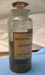 ANTIQUE APOTHECARY JAR GROUND STOPPER WYETH MEDICINAL CHARCOAL 