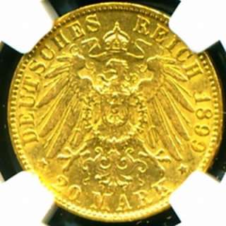 1899 J GERMANY HAMBURG GOLD COIN 20 MARK * NGC RARE GEM  