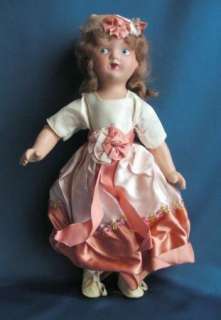 14 vintage jointed COMPOSITION DOLL 1940 peach satin long dress oil 