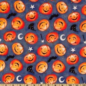 44 Wide Halloween Magic Tossed Pumpkins Blue Fabric By 