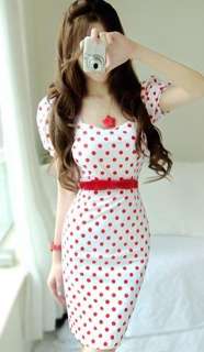 Elegant White Red Polka Dots Satin Slim Dress S M L XL  