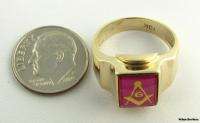   Masonic Syn Red Spinel Fine Band   10k Solid Yellow Gold Masons Ring