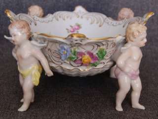 LOVELY ANTIQUE DRESDEN HVY FLORAL GOLD FOUR CHERUB BOWL  