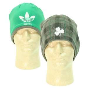   Reversible Winter Knit Beanie Hat   Plaid / Green
