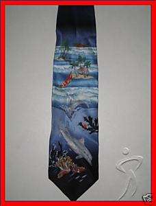 MENS FISHING BOAT SEA DOLPHINS PALM TREES SILK NECK TIE  