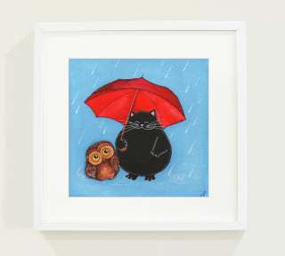 CAT Baby Owl Rain Umbrella Painting Illustration~ANNYA  