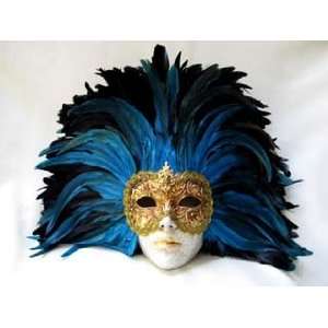   Full Face Black/Aqua Tiger Feathers Carnival Mask