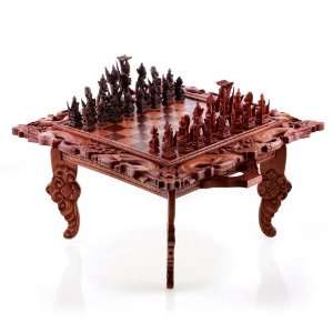  Twin Horses Wood Carving Chess Board~Home Decor~Games 