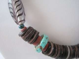 Ethnic Turquoise Heishi Shell Bead & Swirled Murano Glass Necklace 