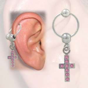  Cartilage   Tragus Earring, Cross Design with Jewels 