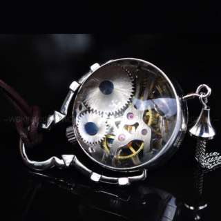 Silver Glass Ball Mechanical Pocket Watch Leather Cord MW41  