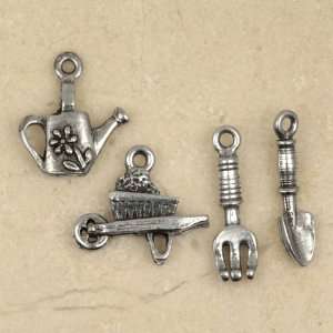  GARDEN TOOLS Wheelbarrow Watering Can Pewter Charms (4 