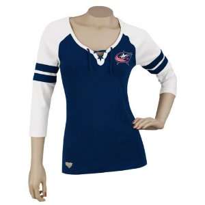   Blue Jackets Womens 3/4 Sleeve Rib Henley T Shirt