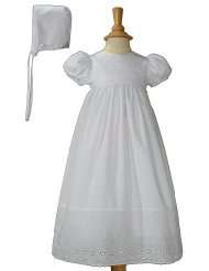 White Poly Cotton Christening Baptism Gown with Lace Border with 