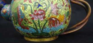 Old Chinese 24K Gild Cloisonné Frog Water Lily Tea Pot  