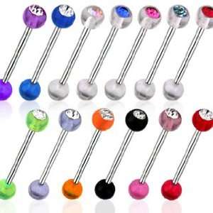 14G Barbells with Clear UV Ball and Red Gems   5/8 Length   Sold as a 