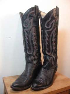 Vintage LARRY MAHAN Black Leather Cowboy Boots Tall Size 8 8.5  