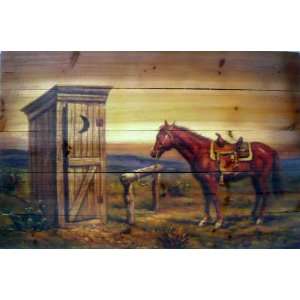 Western Cabin Rustic Decor Horse Outhouse Wood Plank Picture Hanging 