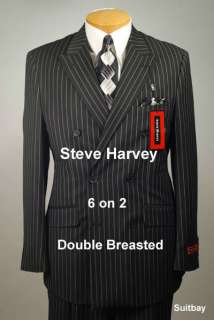 42R Suit STEVE HARVEY 2 Button Double Breasted Black Striped Mens 