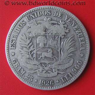 VENEZUELA 1926 GRAM 25 (5 BOLIVARES) .72oz SILVER 37mm  