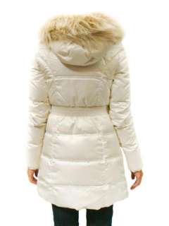   JUICY COUTURE WHITE FAUX FUR HOOD SHIMMER PUFFER DOWN LONG COAT JACKET