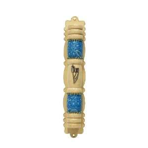  Wood Mezuzah with Ornate Modeling, Blue Pattern and Shin 