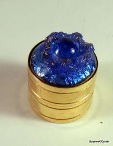 Vintage France Gold Plated Blue Poured Glass Pill Box Free US Shipping 