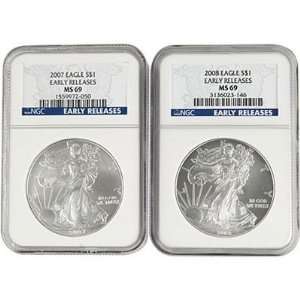   2008 Silver Eagle Coin Pair MS69 Early Release NGC