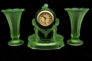 Walther Art Deco Green Uranium Glass Windsor Clock Garniture 1930s 