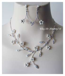 Bridal Crystal & Pearl Necklace Earrings Set Prom A305  