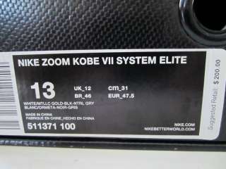 Nike Zoom Kobe VII System Elite bryant white gold sz 13  NIB code 