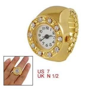   Round Dial Rhinestone Finger Ring Watch Gold Tone 