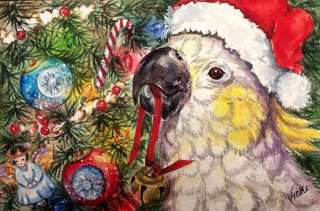 Christmas Cockatoo Parrot O/E Print ACEO by Vicki  