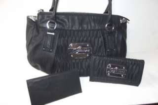 NEW WITH TAG GUESS ABILENE BLACK SATCHEL HANDBAG PURSE WITH CHECKBOOK 