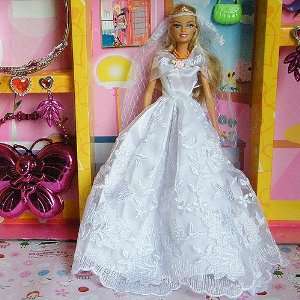 HANDMADE BRIDAL LACE Wedding Gown Dress w/ Veil for Barbie Doll (White 